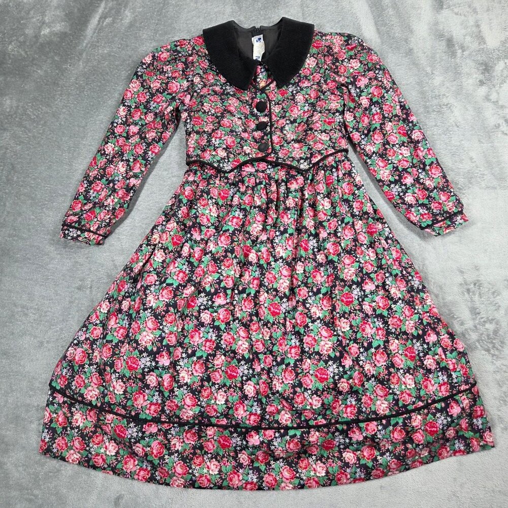 Vintage Sylvia Whyte Dress Girls 7 Pink Black Floral Prairie Cottagecore